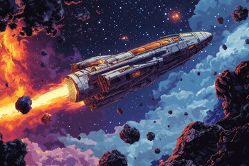 Wall Mural - spaceship flying through asteroid field in space