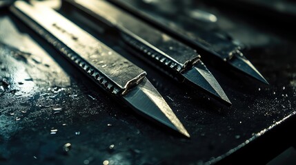 Poster - Close-up of cutting tools in a warehouse, illuminated by industrial lighting. The metal sheen and sharpness of the edges are in focus. No people present.
