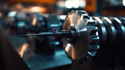 Poster - Close-up of cutting tools in a warehouse, the metal surface gleaming under industrial lighting. Sharp edges and fine details in focus. No people present.