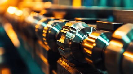 Poster - Close-up of metal cutting tools in a warehouse, illuminated by industrial lighting. Surface texture and sheen in sharp focus, highlighting the precision of the tools.