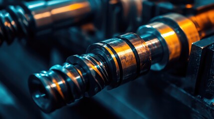 Poster - Close-up of metal cutting tools in a warehouse, illuminated by industrial lighting. Surface texture and sheen in sharp focus, highlighting the precision of the tools.