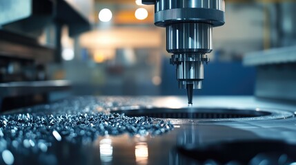 Poster - Close-up of metal cutting tools in a warehouse, the gleaming surfaces and sharp edges illuminated by industrial lighting. No people are present.