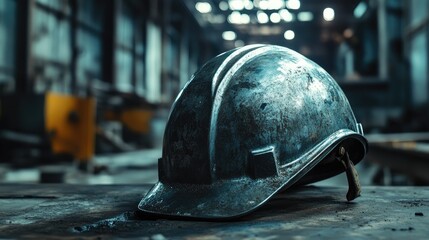 Close-up shot of a metal safety helmet in a warehouse, with industrial lighting highlighting the textured, worn surface. Gleaming reflections add character.