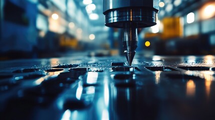 Poster - Cutting tools in a warehouse, close-up with bright industrial lights reflecting off the metal surfaces. Sharpness and texture are in focus. No people.