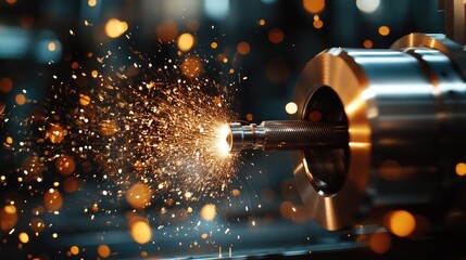 Poster - Cutting tools in a warehouse, close-up with bright industrial lights reflecting off the metal surfaces. Sharpness and texture are in focus. No people.