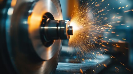 Poster - Cutting tools in a warehouse, close-up with bright industrial lights reflecting off the metal surfaces. Sharpness and texture are in focus. No people.