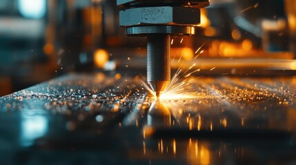 Poster - Cutting tools in a warehouse, close-up with bright industrial lights reflecting off the metal surfaces. Sharpness and texture are in focus. No people.