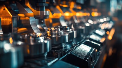 Gleaming metal cutting tools in a warehouse, close-up with sharp focus on the surface and edges, illuminated by industrial lights. No people included.