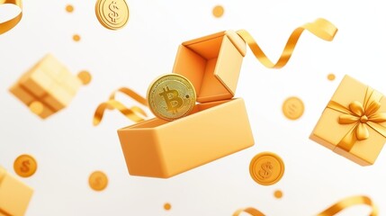 Poster - Gold Bitcoin in Gift Box with Dollar Coins and Ribbon