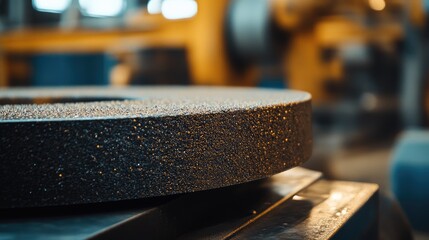 Poster - Sandpaper grinder close-up in a warehouse, showing the gritty texture and metallic finish under industrial lighting. Focus on surface details, no people visible.
