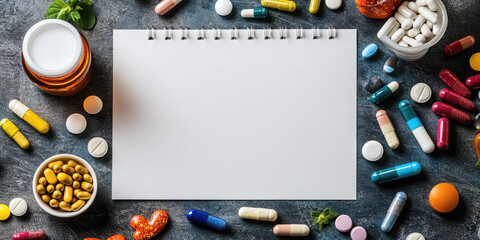 Blank white paper is lying on a blue textured surface surrounded by prescription drugs, pills, and bottles.