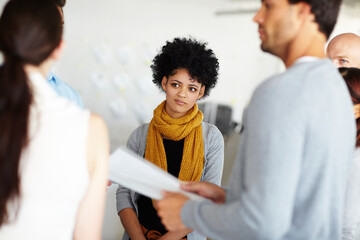 Poster - Business people, documents and collaboration in office for discussion, meeting and compliance training. Creative agency, paperwork and diversity in workplace for communication, teamwork and research