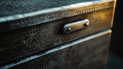 Poster - Warehouse toolbox close-up, showing the shine and rough texture of the metal under bright industrial lighting. No logos, no people present.