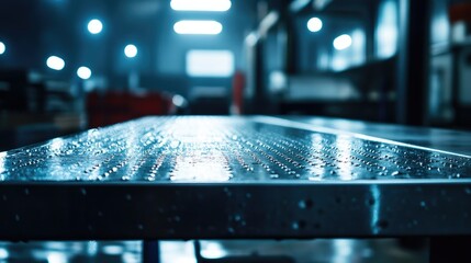 Poster - Workbench in a warehouse, close-up showing the metallic texture and shine under bright industrial lights. No logos, no people visible.