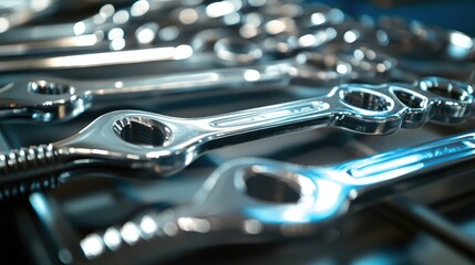 Poster - Wrenches in a warehouse, close-up showing the polished metal surface reflecting under bright industrial lights. No logos, no people visible.