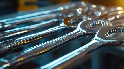 Poster - Wrenches in a warehouse, close-up showing the polished metal surface reflecting under bright industrial lights. No logos, no people visible.