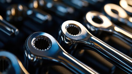 Poster - Wrenches in a warehouse, close-up showing the polished metal surface reflecting under bright industrial lights. No logos, no people visible.
