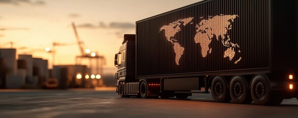 Wall Mural - A detailed shot of a truck with a world map graphic, parked at a shipping yard during sunset, symbolizing global logistics.