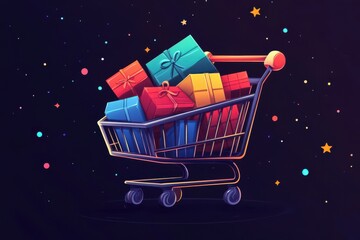 Shopping Cart Full of Colorful Presents Against Starry Night Background