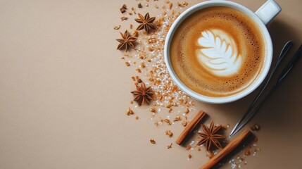 A cup of coffee with a leaf on top and cinnamon sticks on the table