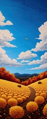 Wall Mural - A painting of a field with a road and a yellow plane flying in the sky