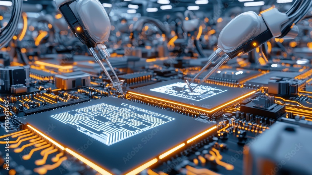Robotic Arms Installing Microchips on Circuit Board Futuristic ...