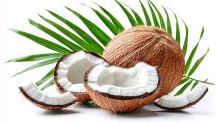 Ripe coconut, half and piece with palm leaves isolated on white background.