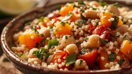 Wall Mural - A bowl of food on a table with tomatoes, orange vegetables, herbs, and a few beans