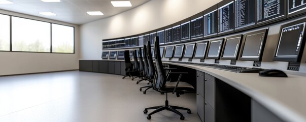 Modern control room with sleek monitors, ergonomic chairs, and a spacious layout, ideal for monitoring operations and data management.