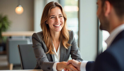 Wall Mural - Happy young professional business woman handshaking client at meeting, female hr recruiter at job interview, insurance agent, lawyer at contract deal, project deal 