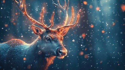 Wall Mural - A majestic deer stands gracefully in a snowy forest, illuminated by soft light, evoking a serene winter wonderland.