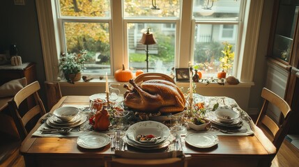 Cozy Thanksgiving Table Setting with Turkey and Fall Decor