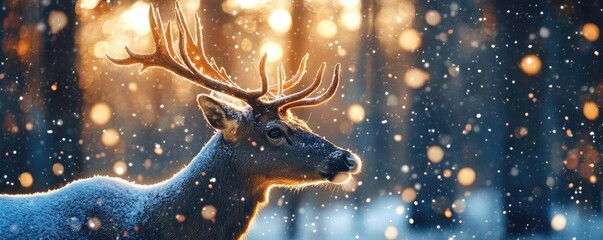 Aufkleber - A majestic deer stands in a snowy forest, illuminated by magical bokeh lights, capturing the beauty of winter's wonder.