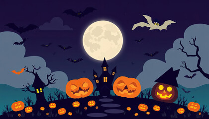 Wall Mural - A Halloween themed poster with bats flying in the sky and pumpkins on the ground