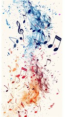 Wall Mural - An abstract image displaying a vibrant flow of multicolored music notes against a light background, symbolizing the diversity and energy of musical expression.