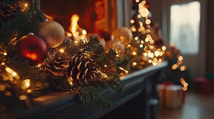 Poster - Close-up of a festive Christmas decoration with lights, ornaments, and pinecones, creating a warm holiday atmosphere.
