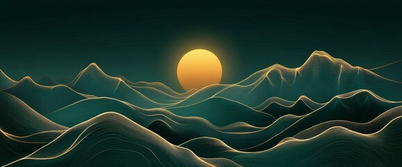 Poster - Abstract line art illustration of mountains with a sun