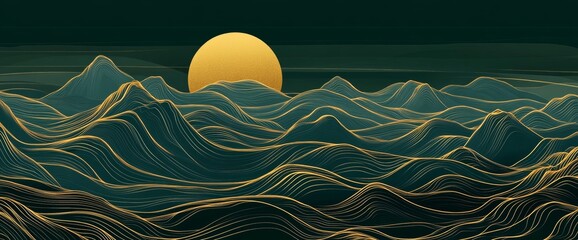 Poster - Abstract line art illustration of mountains with a sun