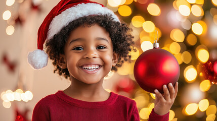 Smiling Black child wearing Santa hat holding red Christmas ornament with festive lights in the background