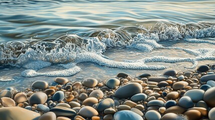 a close-up image of smooth, rounded river rocks on the edge of a blue river. the water is slightly r