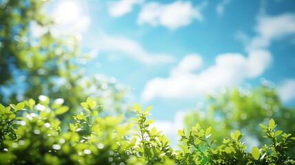 Beautiful blue sky with clouds and green leaves on a bright sunny day