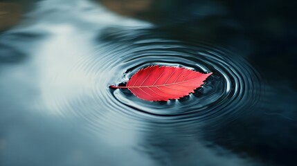 Wall Mural - A red leaf floating on the water, with ripples spreading out from its center