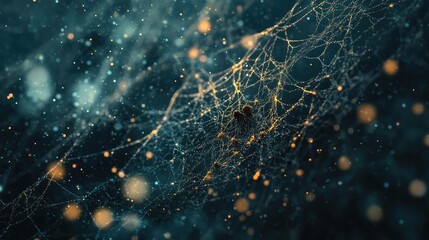 Aufkleber - A close-up view of an intricate spider web, glimmering with light against a dark background, creating a mystical atmosphere.