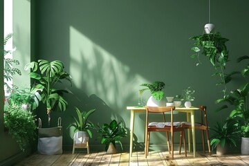 Green interior with dining table, plants and decor 3d render illustration mockup