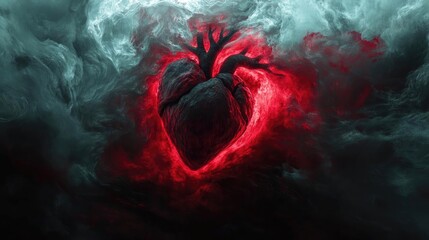 Poster - A striking illustration of a glowing red heart surrounded by dark smoke, evoking emotions of passion and intensity.
