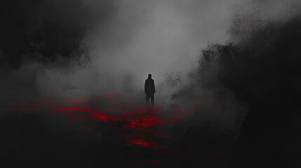 Poster - A solitary figure emerges from a dark fog, surrounded by eerie red light, creating a haunting and mysterious atmosphere.