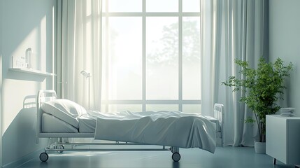 Aufkleber - Bright and serene hospital room featuring an empty bed and natural light filtering through a large window.