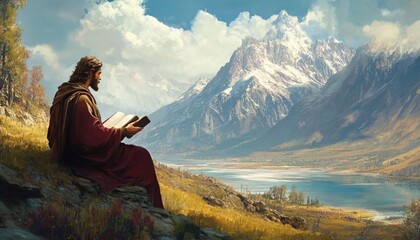 A man in a red robe sits on a rocky hill and reads a book. In the background, there are snow-capped mountains, a lake, and a valley.