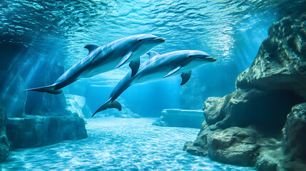 A pod of playful dolphins leaps joyfully through the crystal-clear, azure sea, their sleek bodies glistening in the sunlight