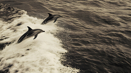 Wall Mural - A pod of playful dolphins leaps joyfully through the crystal-clear, azure sea, their sleek bodies glistening in the sunlight